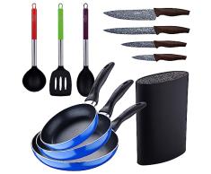 Set 3pc sarten (16+20+24cm) aluminio prensado, inducciÃ³n, azul Navy Paradise con Set 3pc utensilios de cocina nylon con Set 4pc cuchillos acero inoxi