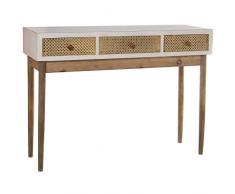 DRW Mesa de Entrada con 3 Cajones de Madera y Mimbre en Blanco y Natural 107x35x81cm