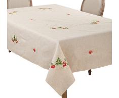 SARO LIFESTYLE - Mantel Bordado con diseÃ±o de Ã¡rbol de Navidad, Lino y Mezcla, Natural, 67 x 120