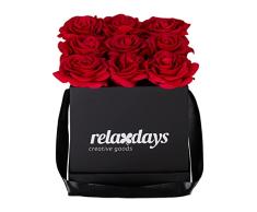 Relaxdays Rosas Artificiales, Duraderas, Caja Negra, Regalo San ValentÃn, 9 Flores para DÃa de la Madre, Rojo, Set de 9
