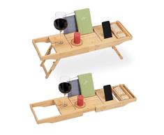 Relaxdays Bandeja Bañera Bambú, 75-114,5 cm Extensible, Soporte Libros y Copas de Vino, Tabla Baño con Patas, Natural