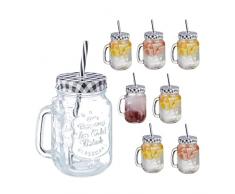 Relaxdays Jarras con Tapa y Pajita, Set de 8, DiseÃ±o a Cuadros, 500 ml, Verano, Vasos Veraniegos con Asa, Negro