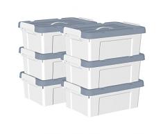 Cetomo Caja de almacenamiento de plÃ¡stico de 15 L x 6, caja de mano, contenedor organizador con tapa duradera y hebillas de enganche seguras, apilable y encajable, paquete de 6, blanco