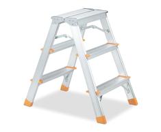 Relaxdays Plegable de Aluminio, 3 escalones, 150 kg, Caminante por Ambos Lados, Escalera de pie, Color Plateado y Naranja, 70% 30% plÃ¡stico, 3 Stufen