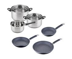 Set BaterÃa de cocina SIP 5 piezas (cazo + dos ollas con tapa de vidrio) + Set de Sartenes SIP Ã20/24/28 cms., aluminio forjado, mango tubular con revestimiento de silicona, inducción