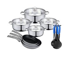 BaterÃa de cocina: 8 piezas en acero inoxidable: ø24, ø26, ø28 y ø30, con tapas de vidrio + 3 sartenes aluminio forjado : ø20 ø24 y ø28 cm, inducción; y juego de 6 utensilios de cocina en nylon