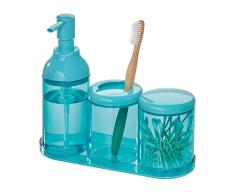iDesign Set de baño, juego de baño con 4 accesorios de plástico resistente, incluye dispensador de jabón, portacepillos de dientes, vaso con tapa y bandeja, azul