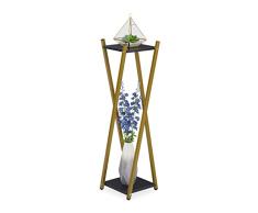 Relaxdays Soporte Macetas, 2 Baldas Efecto Mármol, Metal, Taburete Plantas Alto, 99x29x29 cm, Portamacetas, Dorado/Negro, 70% Acero 30% Tablero de Fibra