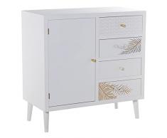 DRW Aparador con 1 Puerta y 4 cajones de Madera con Relieve Hoja en Blanco y Dorado 80x40x80cm