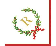 Caspari Entertaining con Corona de Laurel de Navidad Monograma R Papel servilletas de cÃ³ctel, Color Blanco, Pack de 30