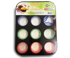Guardini, Gardenia, Molde para 12 Muffins + 60 Pirotines de Papel. Material: Acero con Revestimiento Antiadherente, Color Negro.