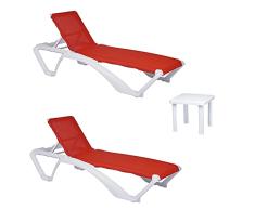 RESOL Acqua Set 2 Tumbonas y 1 Mesa Auxiliar Andorra | Conjunto de Tumbonas con Ruedas Apilables | Muebles de JardÃn Exterior | Estructura y Mesilla Blanca Textilene Rojo