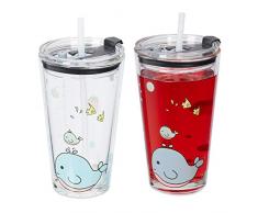 Relaxdays Set de 4 Vasos Infantiles, DiseÃ±o Ballena, Jarrita Agua NiÃ±os, Tapa y Pajita, 450 ml, Cristal, Transparente