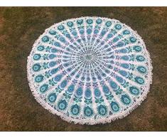 Bazzaree Tapiz de Playa Redondo con Mandala Bohemia, Hippie, tapete para Yoga, Redondo, algodón, Verde, Azul, Turquesa y Blanco, 130 cm