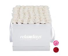 Relaxdays Rosas Artificiales en Caja Blanca, 49 Unidades, Ramo Decorativo, 10 Años, Flower Box, Cartón-Tela-PP, Blanco