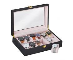 Relaxdays Caja de relojes, 12 compartimentos, cojÃ­n de terciopelo, ventana de cristal, 8,5 x 31,5 x 21 cm, caja de relojes, MDF, negro-rosa