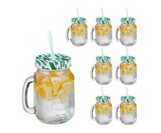 Relaxdays Jarras con Tapa y Pajita, Set de 8, DiseÃ±o de Cactus, 500 ml, Verano, Vasos Veraniegos con Asa, Multicolor, Vidrio Hierro