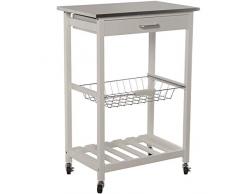 DRW Carro de Cocina con 1 cajón y 1 balda de Madera (Pino + DM) balda y Tapa de Acero Inoxidable en Blanco 57x37x83,5cm