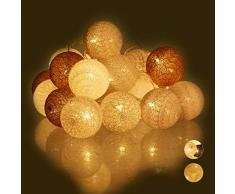 Relaxdays Guirnalda Luces con 20 Bolas LED a Pilas, Algodón-Poliestireno, Blanco-Gris-marrón, 6 cm de diámetro
