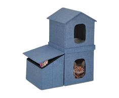 Relaxdays Casa Gato 2 Plantas Plegable, Casita Tejado MDF, 2 Entradas, Cueva Gatito con Almacenaje, 86x75x44 cm, Azul