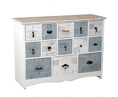 DRW Aparador Buffet cajonera con 13 cajones de Madera en Blanco, decape y Azulado Estilo Vintage 108x38x79cm