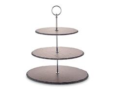 ECHTWERK EW-ET-1780 Soporte para Tartas, Bandeja para Servir Frutas, Queso y postres, Pizarra Natural, 3 Pisos, Mango de Metal, 30/25 cm, 18/8 Stainless Steel