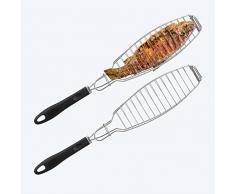 Relaxdays Set 2 Parrillas Pescado, Acero Inoxidable, Mango Goma, 58,5 cm Largo, Parrillera BBQ, Brasas Espetos, Plateado, 80%