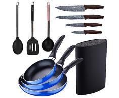 Set 3pc sarten (16+20+24cm) aluminio prensado, inducciÃ³n, azul Navy Paradise con Set 3pc utensilios de cocina nylon con Set 4pc cuchillos acero inoxi