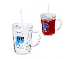Relaxdays Set de 2 Vasos Infantiles, DiseÃ±o Dinosaurio, Jarrita Agua NiÃ±os, con Asa, Tapa y Pajita, 400 ml, Transparente, 80% Vidrio plÃ¡stico 10% Silicona, 450 ml