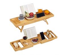 Relaxdays Bandeja Cama y Bañera Extensible 2 en 1 con Soporte para Libros y Copas de Vino, Bambú, Marrón, 74.5-114 cm
