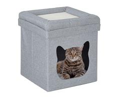 Relaxdays Cama Cueva Gato con Taburete Plegable, 44 x 40 x 40 cm, Entrada, Casa Cuadrada Gatito, Gris Claro y Blanco