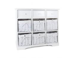 DRW Mueble recibidor con cajones y cestos de Mimbre Blanco 90.00 X 38.00 X 87.00 CM Alto