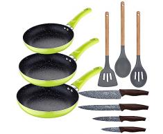 Set 3pc sarten (20+24+28cm) aluminio prensado verde con Set 3pc utensilios de cocina silicona madera con Set 4pc cuchillos acero inoxidable