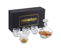 Relaxdays 5 Piezas Set de Whisky, Decantador 600 ml, 4 Vasos 300 ml, Cristal, Gin o Coñac, Caja Regalo, Transparente
