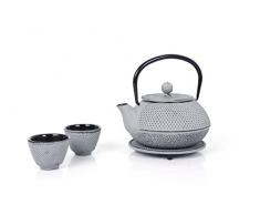 Juego de té de hierro fundido Echtwerk - Tetera de 0,8 l con colador extraíble - Tetera con platillo y 2 tazas de té - Estilo vintage - Gris