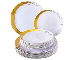 VAJILLA DESECHABLE BRUSHED | 20 platos grandes | 20 platos pequeños | Plástico resistente | Para bodas y cenas de lujo (Oro)