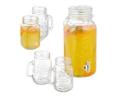 Relaxdays Set Dispensador Bebidas, 4 Vasos, Jarra con Grifo, 3,4 L, Garrafa Vidrio Agua, Botella, Ponchera Transparente, 1 Pieza