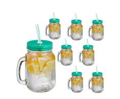 Relaxdays Jarras con Tapa y Pajita, Set de 8 Jarritas Limonada, 500 ml, Verano, Vasos Retro Veraniegos con Asa, Verde, Vidrio Hierro