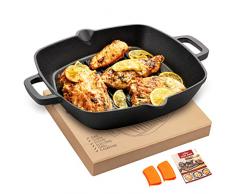 Overmont Sartén de hierro fundido lista para usar con dos asas, 26 cm, para barbacoa de gas, horno, barbacoa de carbón