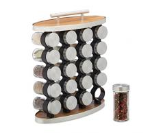 Relaxdays Especiero con 20 Botes, con Dosificadores, Organizador Especias Portátil, Tarros Rellenables, Plateado/Marrón, 40% Acero Inoxidable Vidrio 30% Tablero de Fibra, 35 x 28 x 12 cm