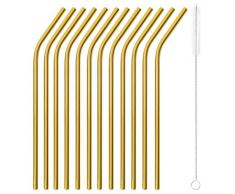 Paderno 41490G01 - Juego de 12 pajitas curvadas (21,5 cm, incluye escobilla de acero inoxidable AISI 304, acero 18/10), color dorado