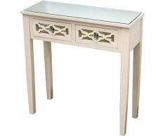 DRW Mesa recibidor Blanco Roto 2 cajones con Frontal y Tapa de Espejo Flor 68x71x30 cm