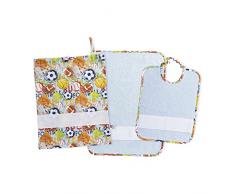 FILET - Set JardÃ­n de Infancia Tres Piezas con Tela Aida para Bordar, Compuesto de Bolsa, Toalla y Babero de Esponja Blanca, 100% AlgodÃ³n, Made in Italy, FantasÃ­a Pelotas Fondo Azul