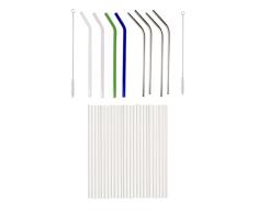 BIRAMBEAU â Juego de 4 pajitas de cristal â 4 pajitas reutilizables de acero inoxidable â 25 pajitas de papel â escobilla