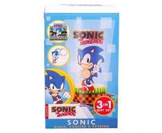 Fizz Creations SonicThe Hedgehog - Juego de regalo de cristal y posavasos, 3 en 1. Vaso de bebida de 480 ml de capacidad. Producto oficial de Sonic The Hedgehog