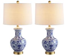 JONATAHAN Y - JYL1072A-SET2 Lámparas Mesa Jennifer 64 cm, Lámpara Mesa LED Metal/Cerámica Lámpara Chalet Mesilla Noche Escritorio para Habitación, Salón, Oficina Azul/Blanco (Juego de 2)