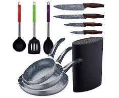 Set 3pc sarten (16+20+24cm) aluminio prensado, inducción, negra Soul Marble con Set 3pc utensilios de cocina nylon con Set 4pc cuchillos acero inoxid