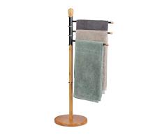 Relaxdays Toallero de Pie con 3 Barras, Bambú-Metal, Marrón Natural, 94 x 48x 48 cm