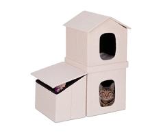 Relaxdays Casa Gato 2 Niveles Plegable, Casita Tejado MDF, 2 Entradas, Cama-Cueva Gatito, Almacenaje, 86x75x44 cm, Beige
