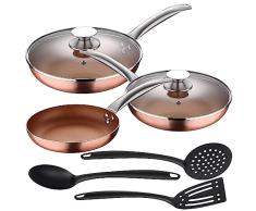 Set 5pc sartenes 20,24,28 cm (con tapa) aluminio prensado inducciÃ³n con Set 3pcs utensilios de cocina